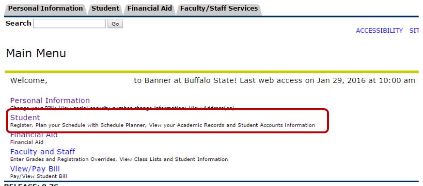 Banner Main Menu with the "Student" link circled.