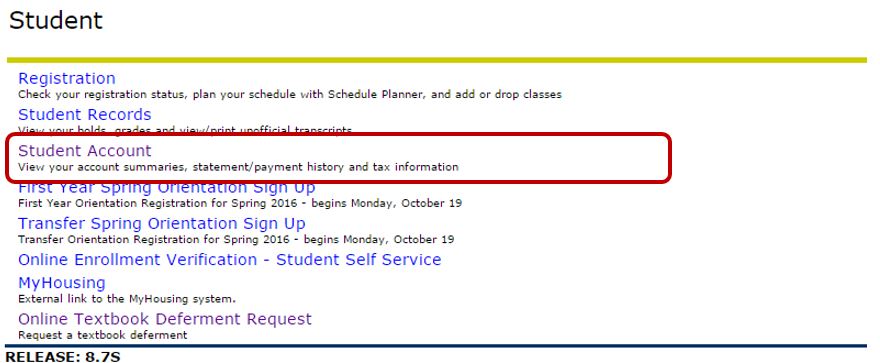 The Student Menu in Banner with "Student Account" circled. 