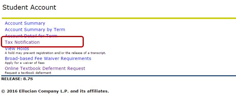 The Student Account menu in Banner with "Tax Notification" circled. 