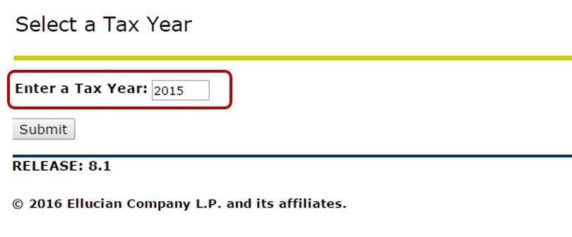 Select a Tax Year Screen with the drop down box circled.